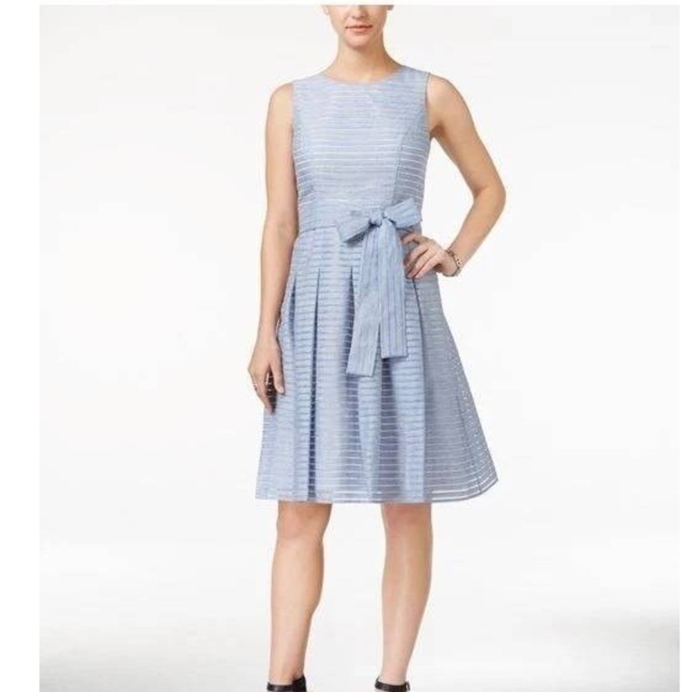 Tommy Hilfiger Dress Sz 6 Striped Pleated FitFlare Midi Periwinkle Wedding Guest
